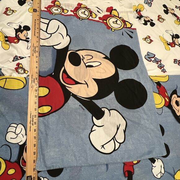 Disney Vintage Mickey Mouse Fitted & Flat Sheet And Pillow Case Alarm Clock Yawn - Picture 2 of 13